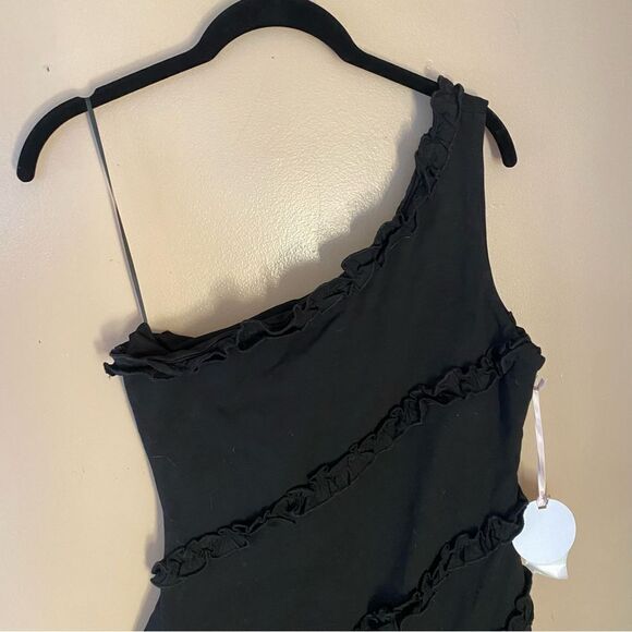 NWT MORE TO COME Camila One Shoulder Dress black mini ruffle trim Revolve M - Picture 8 of 12